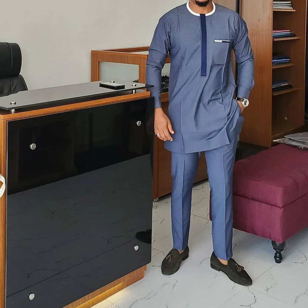 2 Pcs Sets Men Outfit Embroidered Crew Neck Top Trousers Men's Suit Kaftan Wear Business Clothing African Ethnic Casual Clothing