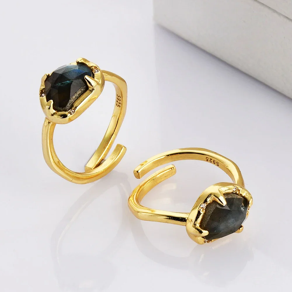 BOROSA 5Pcs Natural Glitter Stone Open Ring Golden Color Labradorite Adjustable Finger Ring For Women Energy Jewelry Accessories 4