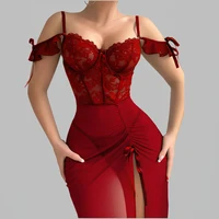 Ladies V Neck Sleepwear Set with Spaghetti Straps Lace Up Front and Sheer Mesh Fabric with Slit Includes Nightdress and Panties - Image 4