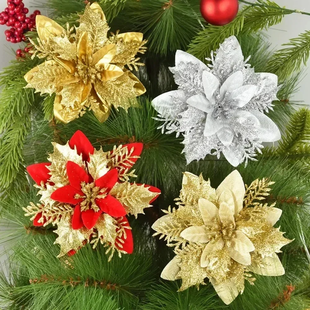 Artificial plants artificial flowers artificial flower artificial flower bouquet 10/5Pcs 14cm Glitter Artificial Christmas Flowers Xmas Tree Ornaments Merry Christmas Decorations for Home New Year Gift Navidad