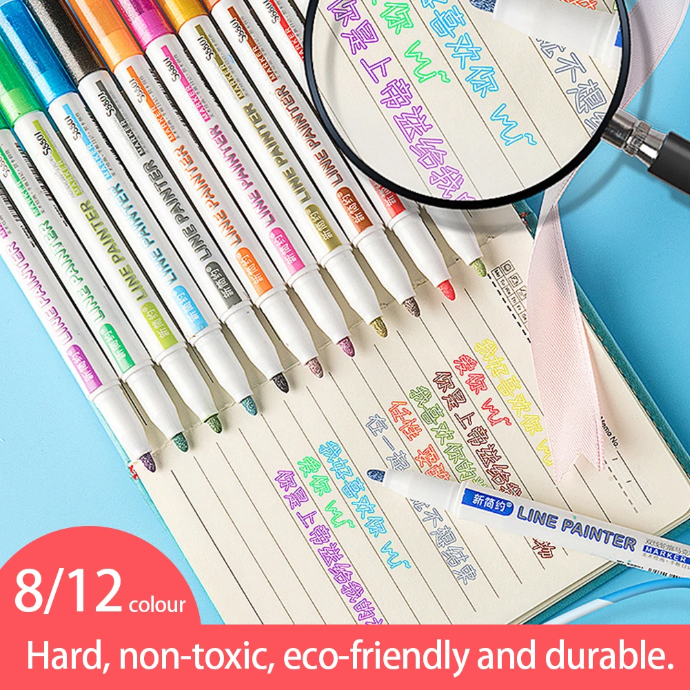 

Набор маркеров для рисования, Набор двусторонних металлических ручек, принадлежности для школы, 8/12 цветов