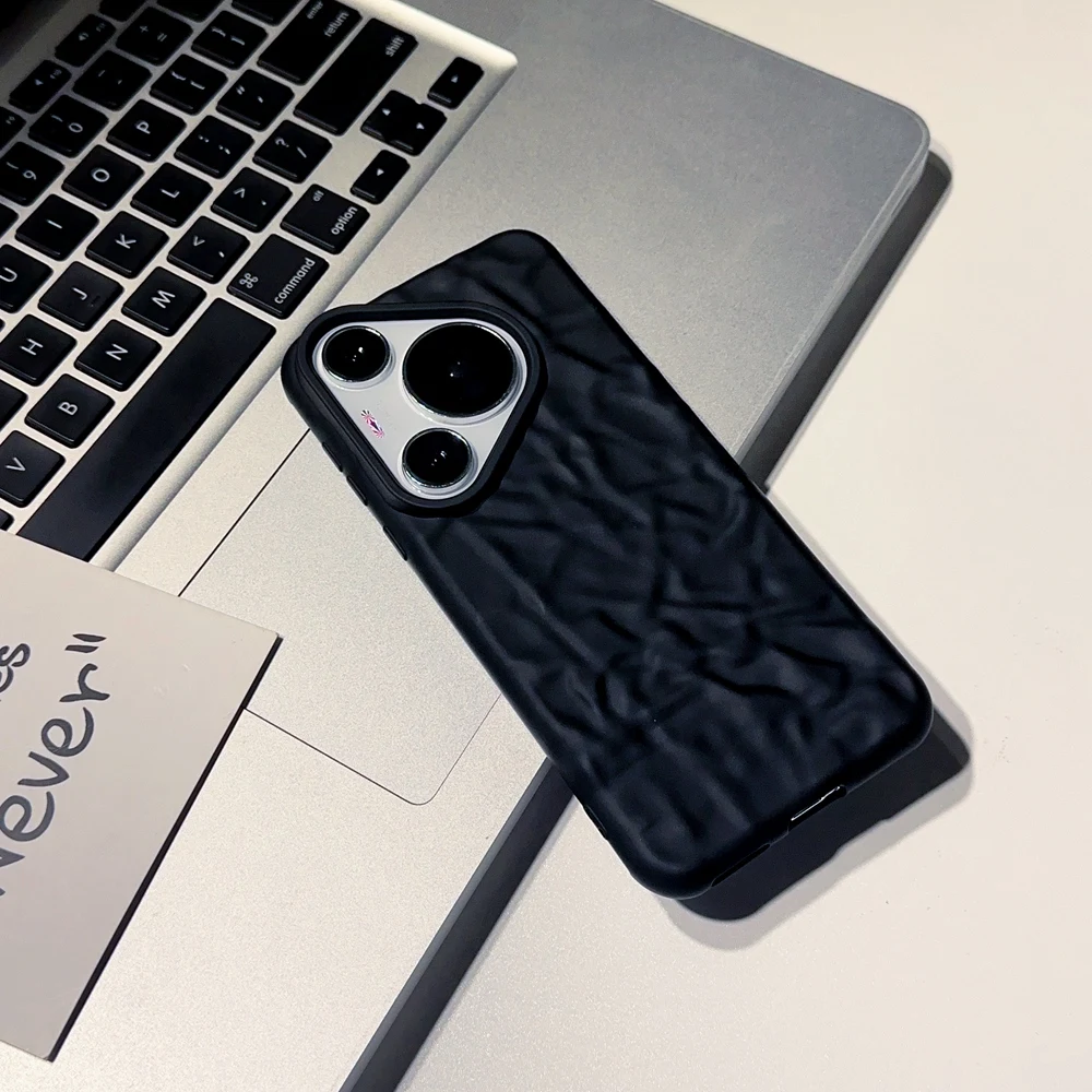 Coque de téléphone à plis 3D noir mat pour Huawei P40 P50 P60 Mate 30 40 50 60 Pro Pura 70 Pro Ultra Honor 50 Soft Cover_voghion.com