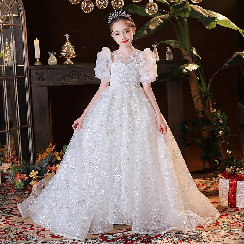 Fancy Flower Girl Long White Dress Children Show Performance Dresses Kids Sequins Luxury Gowns Girls Elegant Prom Vestidos