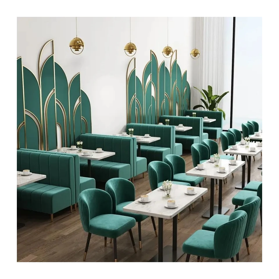 

Modern Restaurant Furniture Velvet Green Booth Seats Cafeteria Sofa Cafe Table And Chairs Set For Restaurant And Bars