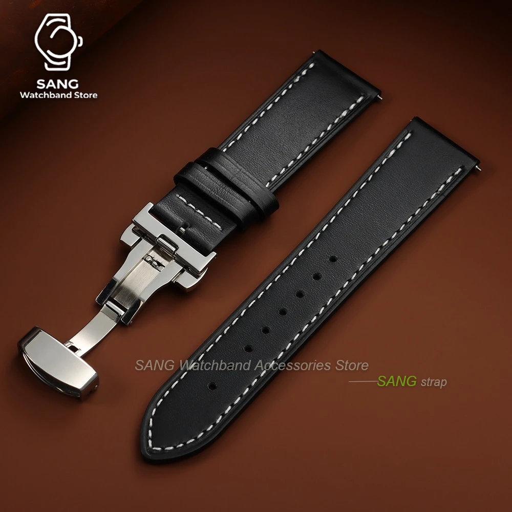 Vintage Stitching Cowhide Leather Watch Band with Quick Release Bracelet