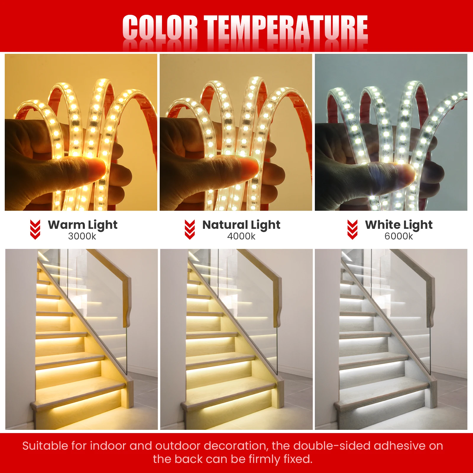 220 V LED-Streifenlichter 2835 IP65 wasserdicht 3000 K 4000 K 6000 K selbstklebendes LED-Lichtband 120 LEDs/M Zuhause flexibles Band für Garten – Detail 6