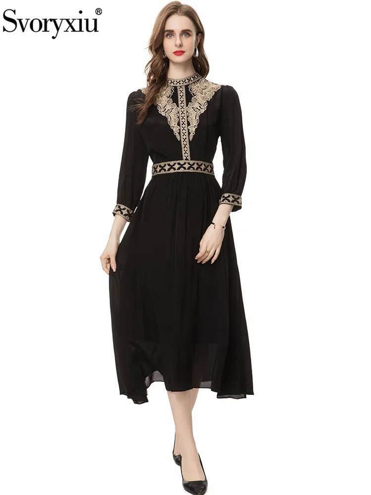 

Svoryxiu Designer Fashion Autumn Black Elegant A-Line Long Dress Women's Stand Collar Embroidery Lantern Sleeve Big Swing Dress