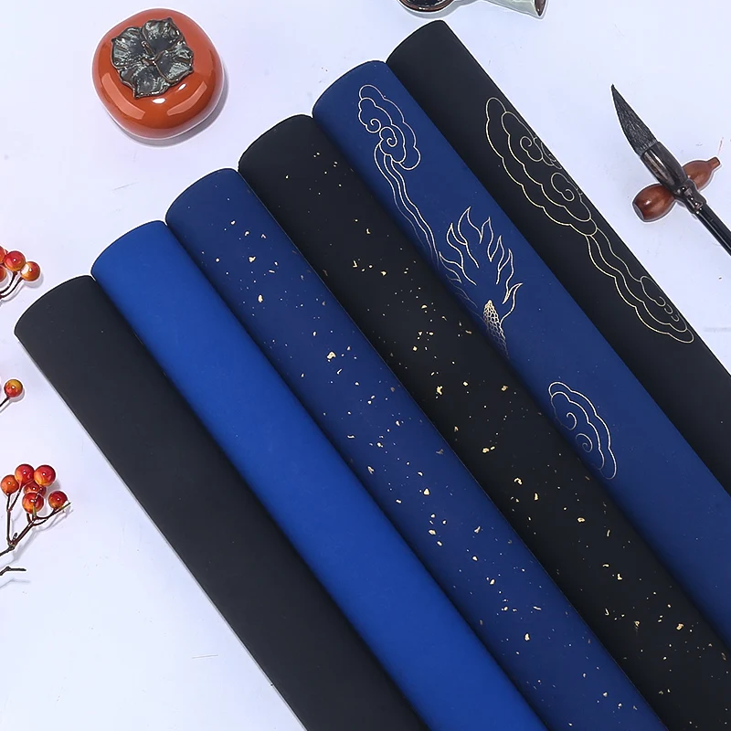 Dark Blue Thicken Half-Ripe Xuan Paper Brush Pen Calligraphy Rice Paper Dragon Pattern Sprinkle Gold Pastel Papier Art Decoupage