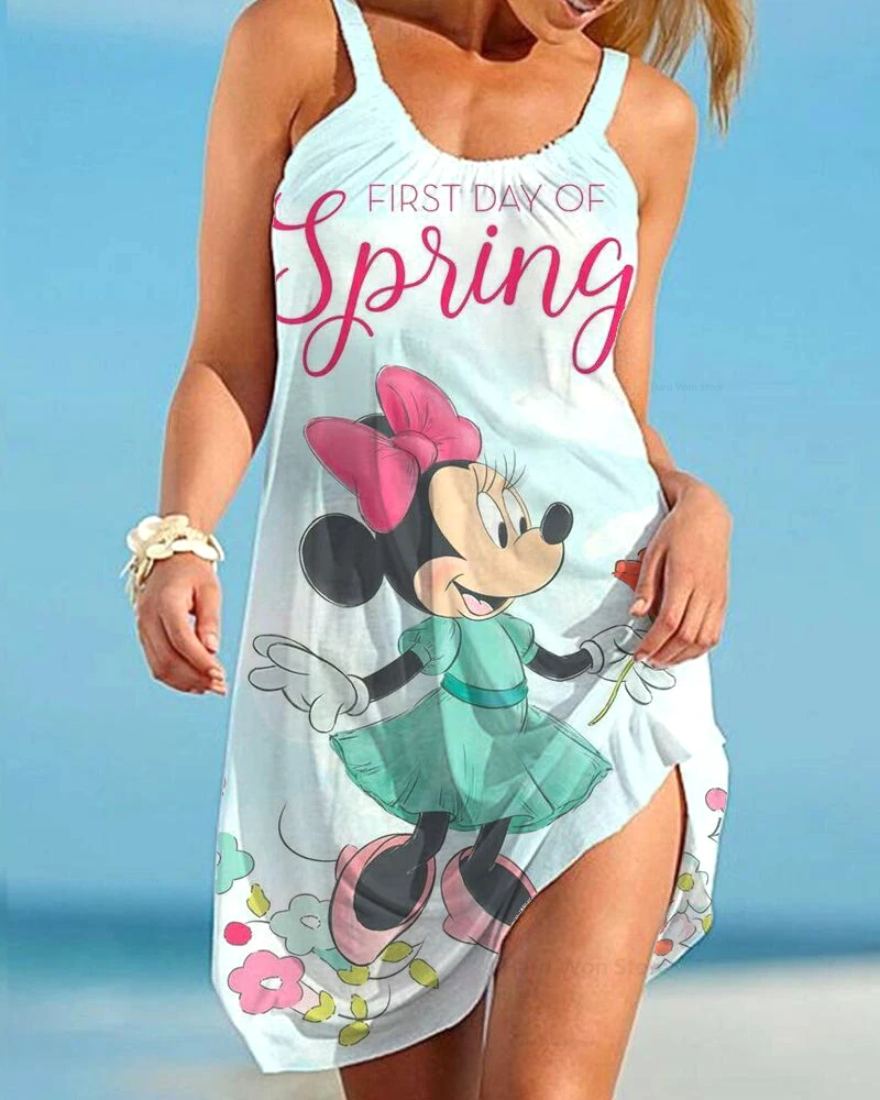 

Women's Clothing Summer New Disney Mickey Mouse Minnie Print Sling Round Neck Beach Dress Casual Fashion Dress Women's Dress