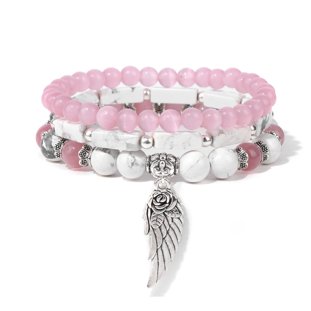 3 teile/satz Engel Flügel Charm Armbänder für Frauen Männer weiß Howlite Naturstein Feder Anhänger Glück Armband Meditation Schmuck – Detail 14