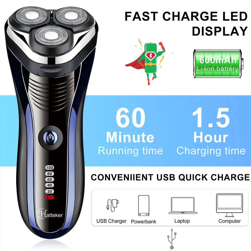 하테커 휴대용 전기 면도기, 액정 디스플레이, USB 방수, 이발소와 유사한 면도 품질, 남성용