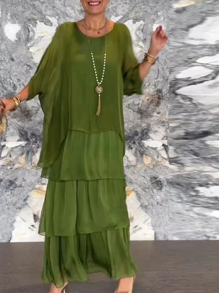 فستان نسائي أنيق من الشيفون أحادي اللون ، فتحة رقب...