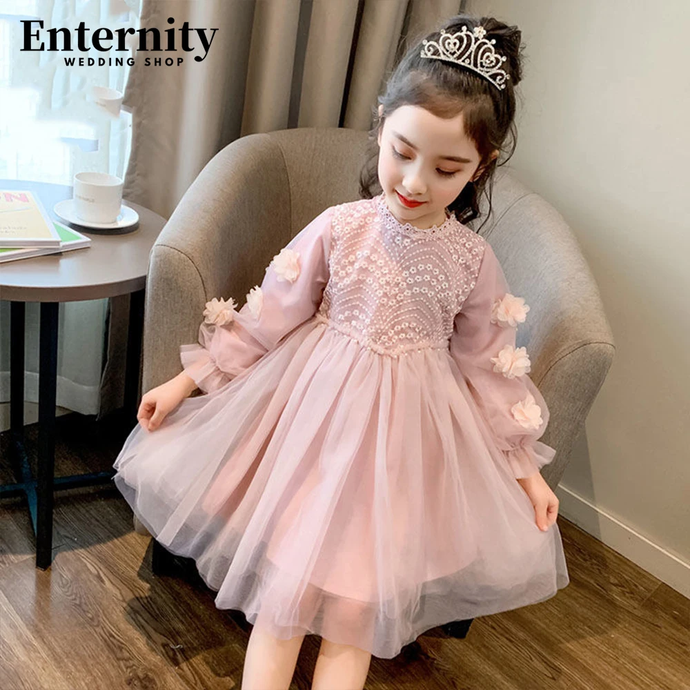 Cute Girl O Neck A-LINE Wedding Party Dress  Long Sleeve Appliques Birthday Party Knee-Length Gown First Communion Dress