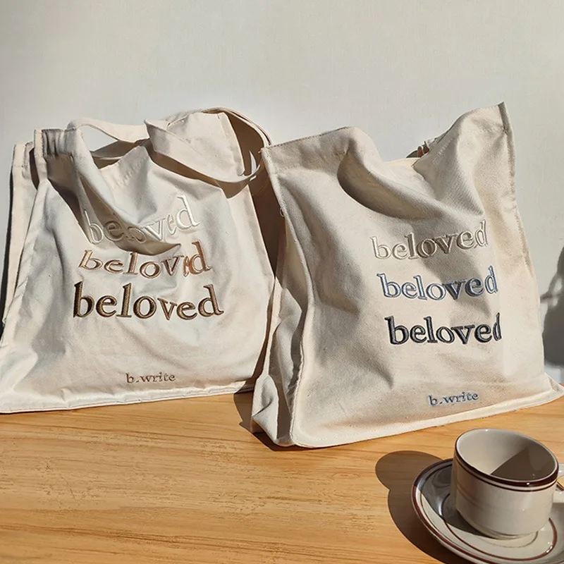 

Women Canvas Shoulder Bag Beloved Embroidery Daily Shopping Bags Students Books Bag Thick Cotton Cloth Handbags Tote For Girls