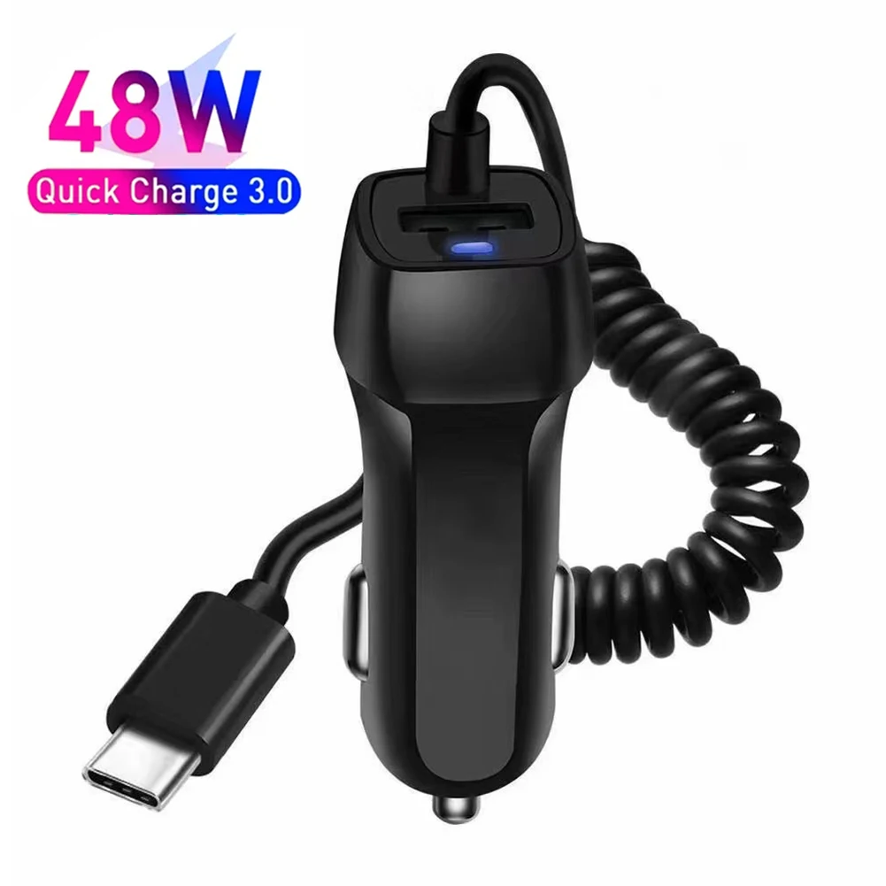 48W Car Charger With Spring USB Type C Cable for iPhone 12 11 XR 8 Cigarette Lighter USB Truck Car Charger for Android Iphone phone charger car charger car phone charger