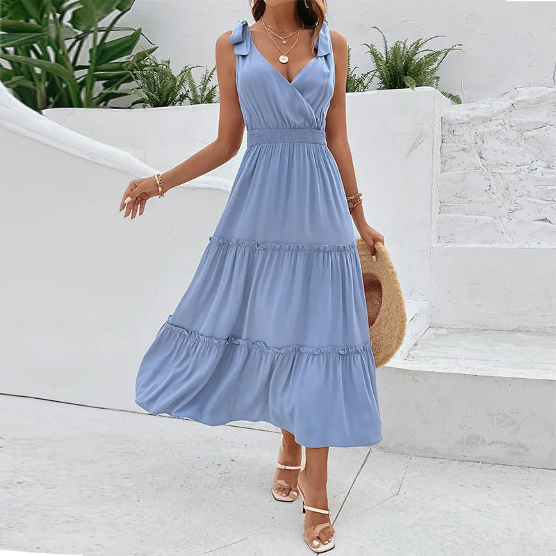 

Qybian 2024 Women's Summer Casual Midi Dress Solid Long Flowy A Line V-neck Dresses Ruffle Spaghetti Strap Dress