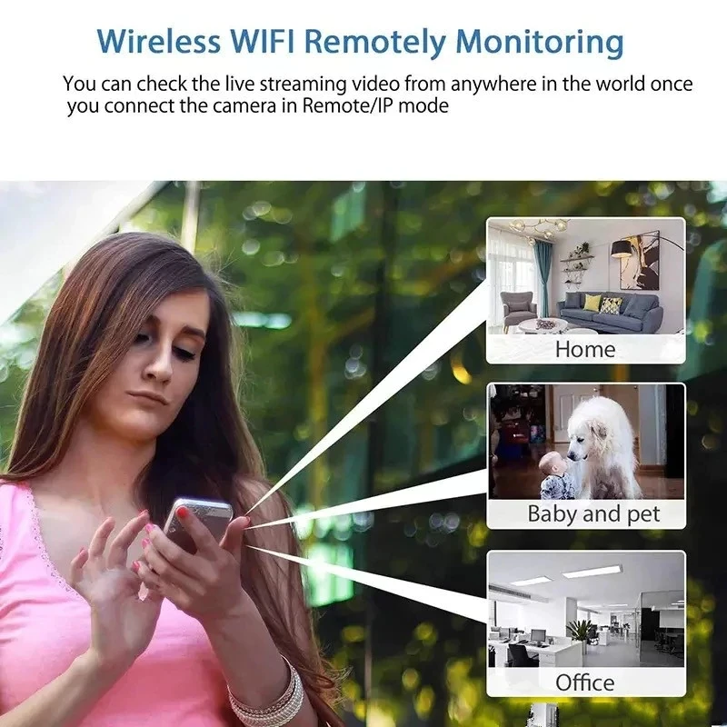 A woman using her phone with text explaining wireless WiFi remote monitoring for home, baby, pet, and office through live streaming video via a hidden camera.