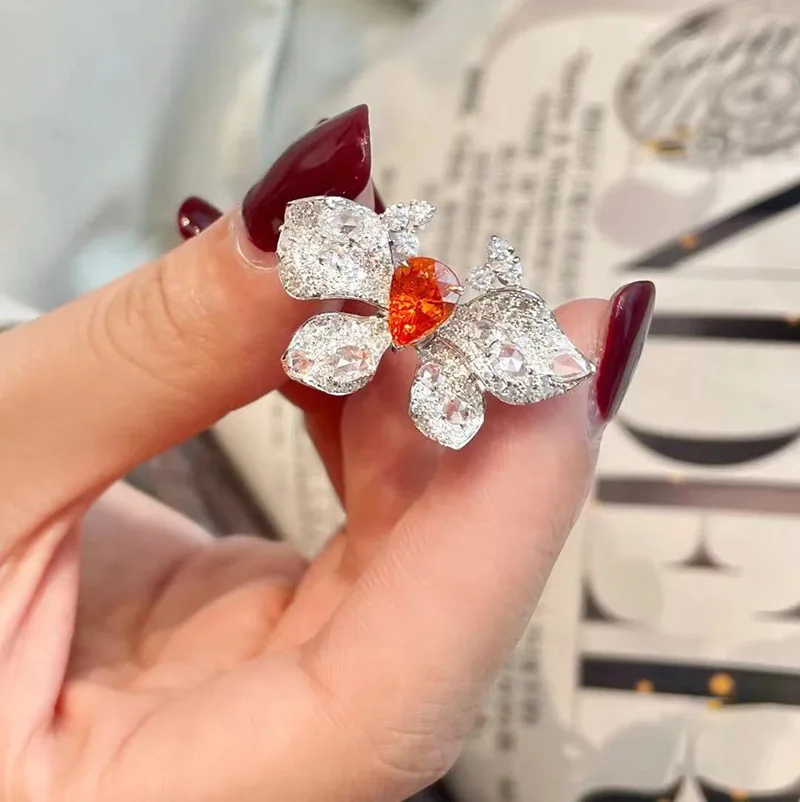 Deliciated Full Pave CZ Orange Butterfly Cocktail Rings for Summer Wear