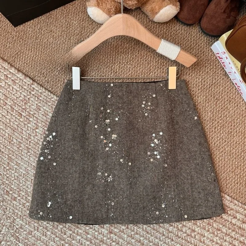Matakawa Woolen Skirts for Women Sequins A-line Solid Versatile Mini Skirt Autumn Winter Korean Fashion Elegant Faldas Mujer