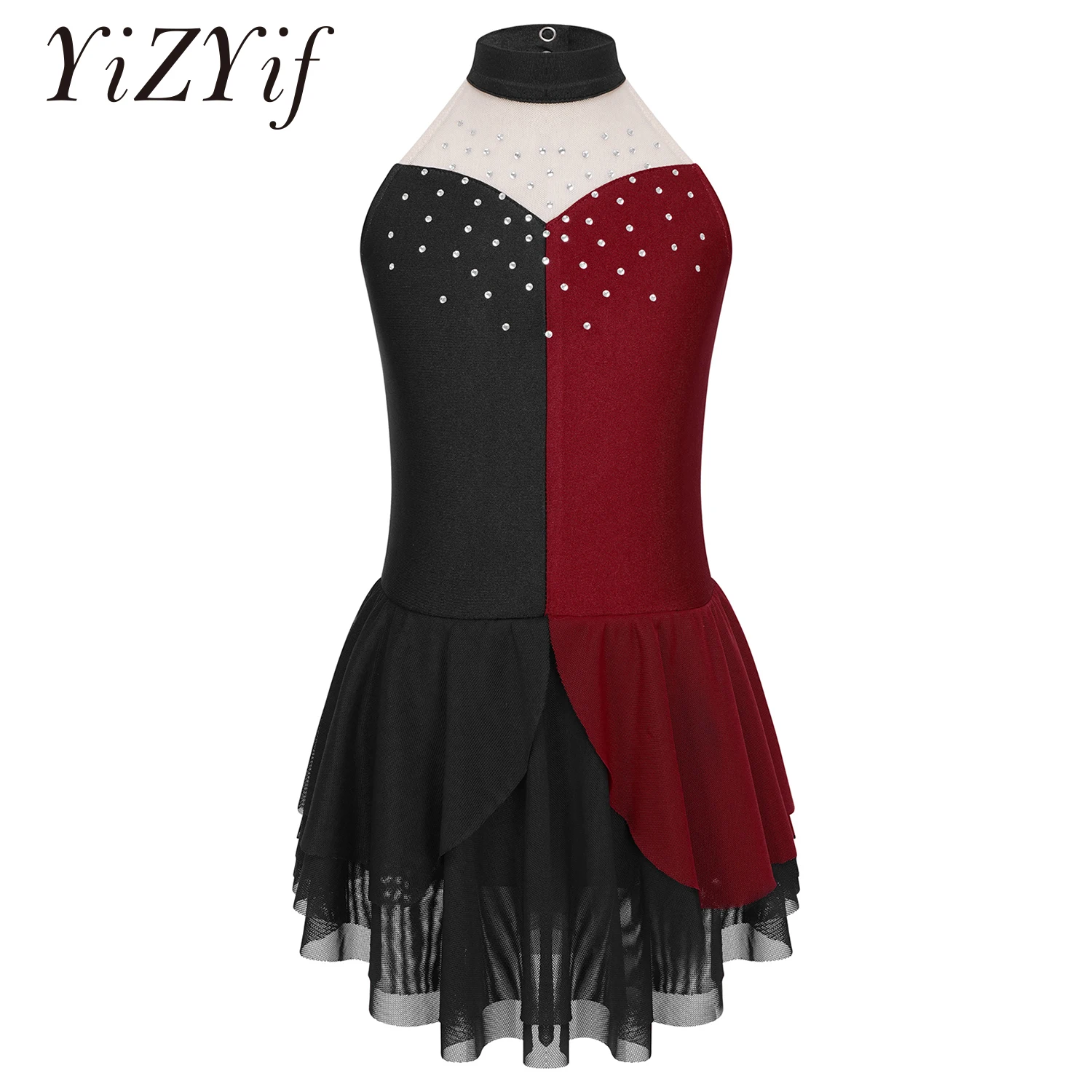 

Kids Girls Rhinestone Figure Skating Dress Contrast Color Competition Performance Costumes Gymnastics Ballet Leotard Tutu Dress