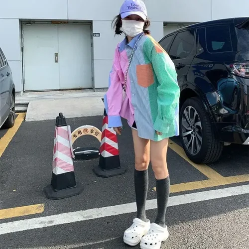 여성용 비대칭 패치워크 블라우스, 한국 패션 단추 업 셔츠, 캐주얼 의류, 긴 소매 Alt 대체 2024 5
