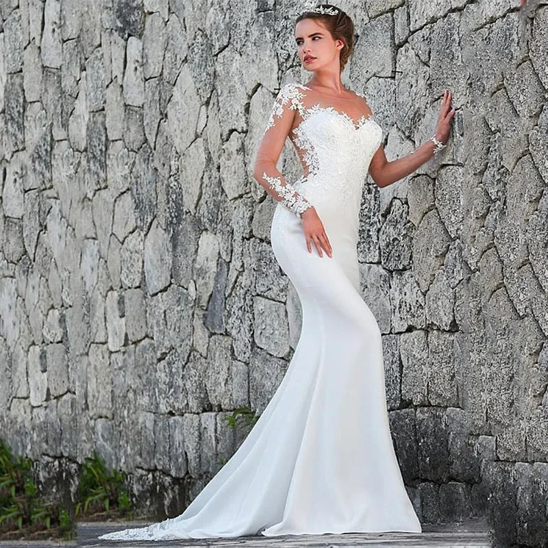 Женское свадебное платье со шлейфом, элегантное белое платье до пола с круглым вырезом и длинным рукавом, украшенное бисером и кристаллами