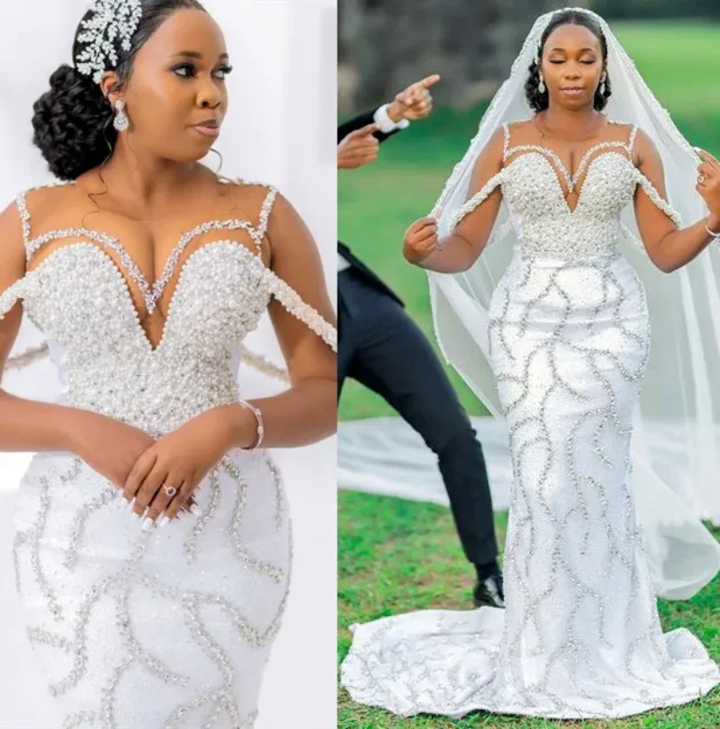 

2024 Oct Arabic Aso Ebi Plus Size Mermaid White Wedding Dress Crystals Pearls Luxurious Bridal Gowns Dresses vestidos de novia