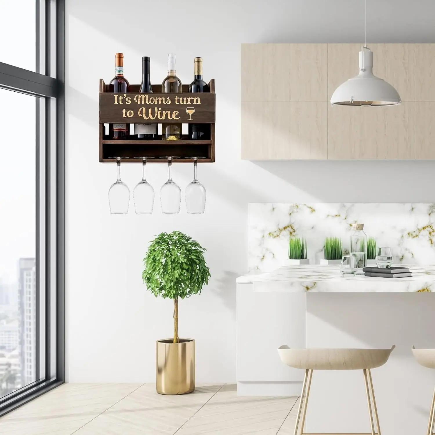 Wall Mounted Wine Rack - 4 Wine Glasses Included - Glasses & Bottle Gifts for Mom It's Moms Turn to