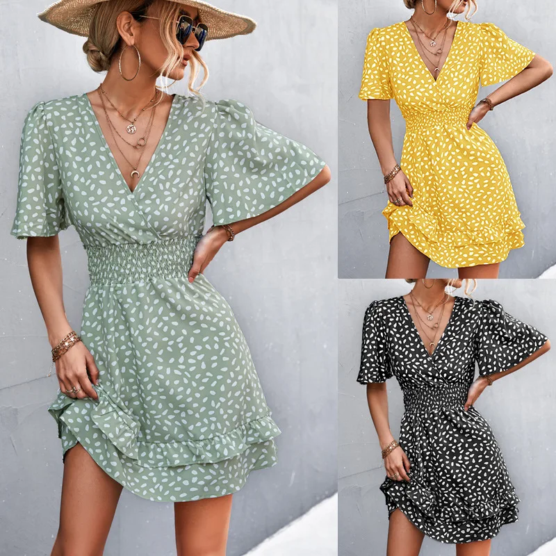 

Sexy V Neck Mini Dress For Women Fashion Floral Slim Short Dresses Female Lotus Leaf Sleeve Elegant Dress