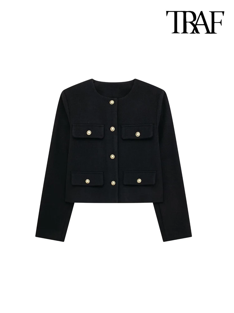 TRAF-Women's Golden Button Jacket Coat, O Neck, Long Sleeve, Female Outerwear, Chic Tops, Fashion 4