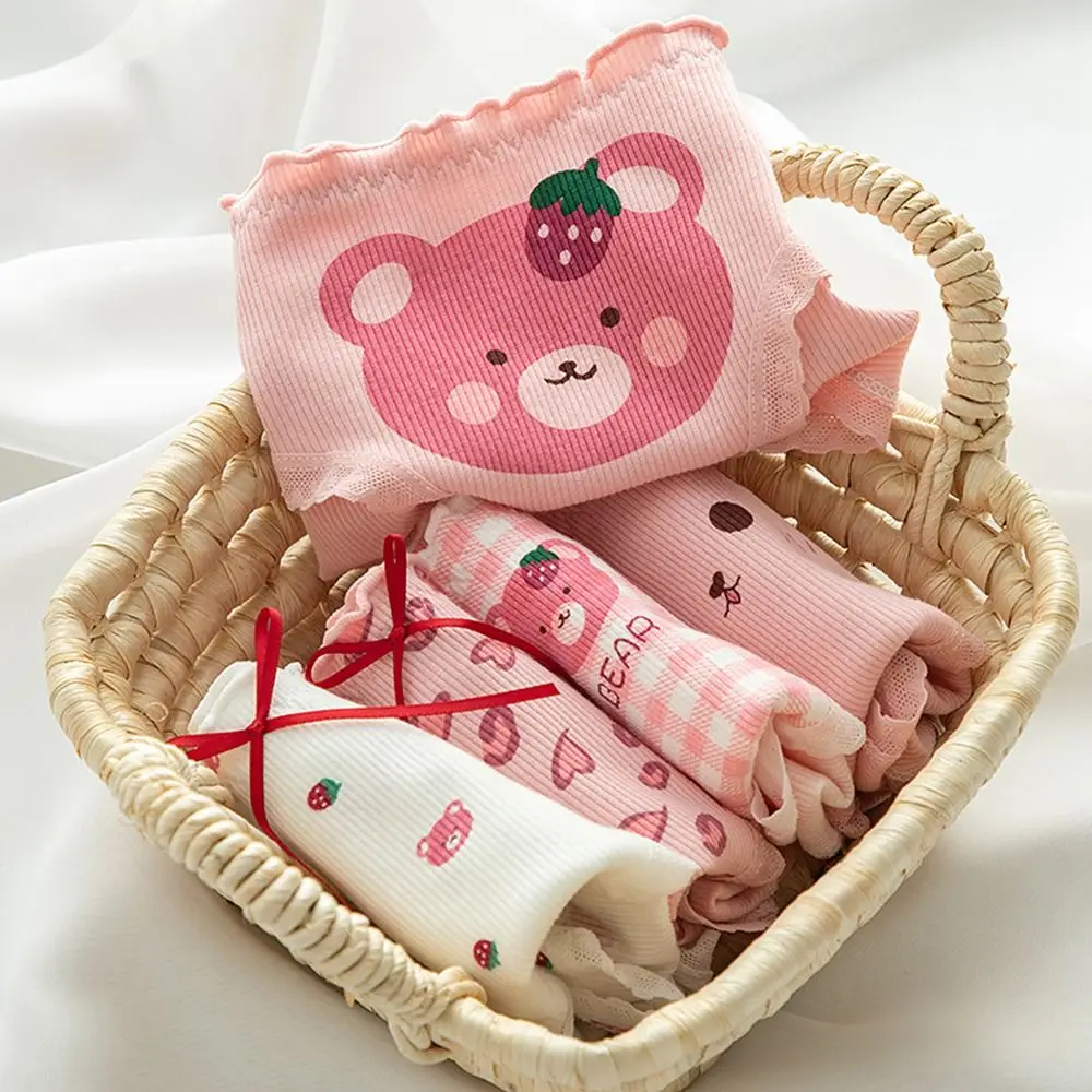 

Sweet Soft Underwear Love Heart For Women Cartoon Cotton Plaid Female Lingeries Strawberry Bear Panties Plaid Thong Briefs