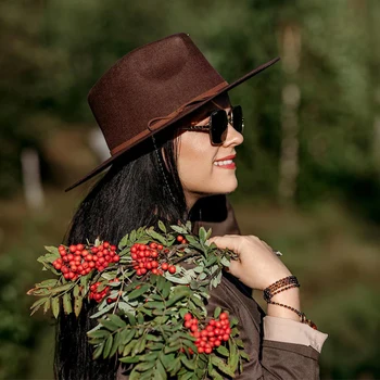 100% Wool Fedora Hat Women Autumn Winter Chain Accessories Casual Crown Top Jazz Top Hat Wide Brim Unisex Warm Bowler Hat