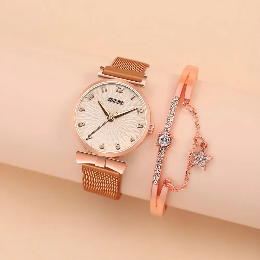 2PCS Set Fashion Women Bracelet Quartz Watches Women Magnetic Watch Ladies Sports Dress Rose Gold Wrist Watch Clock Reloj Mujer 5