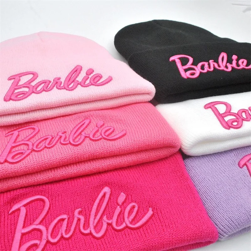 Barbie Knitted Hat Kawaii Y2K Girls Cute Woolen Hat Female Ski Cap Soft Warm Elastic All Match Leisure Hats Kids Adults Gifts