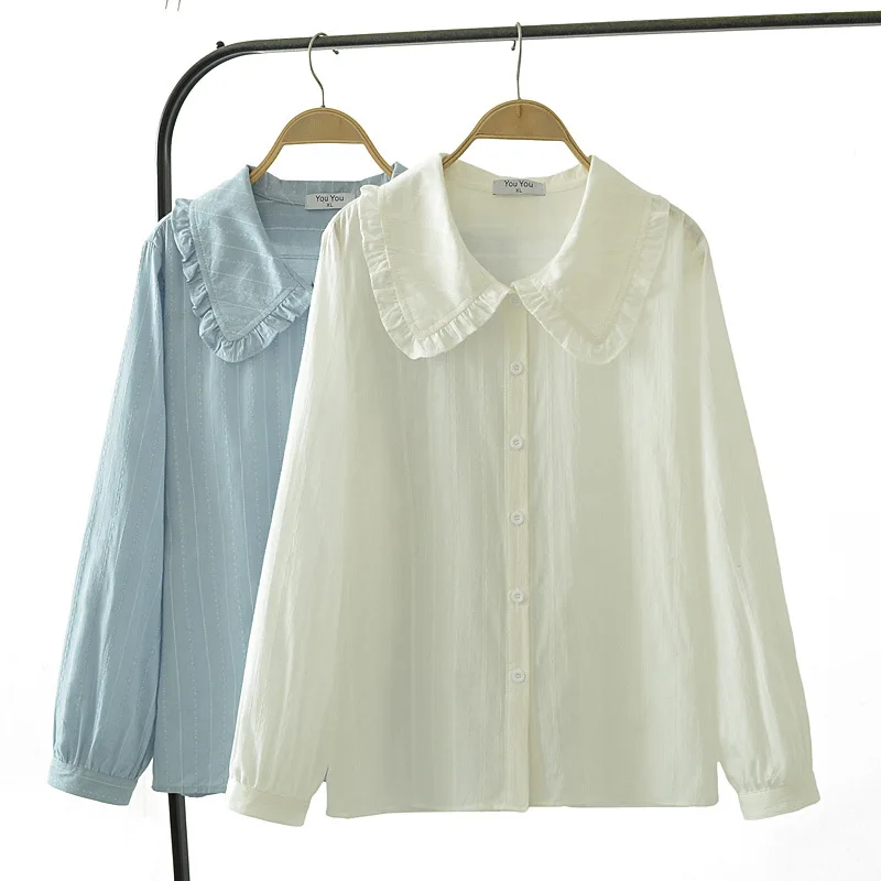 Plus Size Women's Shirt Autumn New Loose Sweet Ruffle Peter Pan Collar Long Sleeve Jacquard Cotton Blouse 899