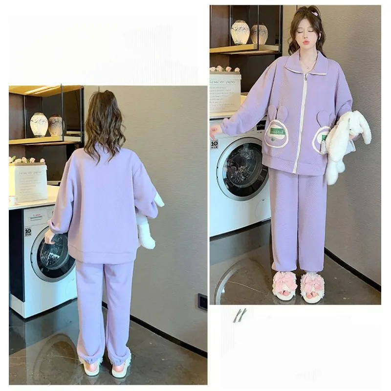 Women Sandwich Pajamas Winter New Cardigan Zipper Sweet Loose Large Size Casual Nightclothes Set Coral Fleece Homewear Suit 2024