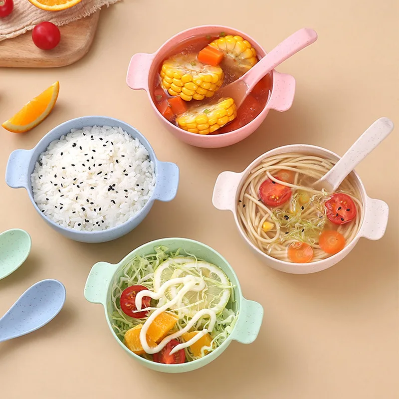 

2pcs Wheat Straw Children Bowl with Spoon Anti Falling and Scalding Household Plastic Soup Rice Handle Tableware