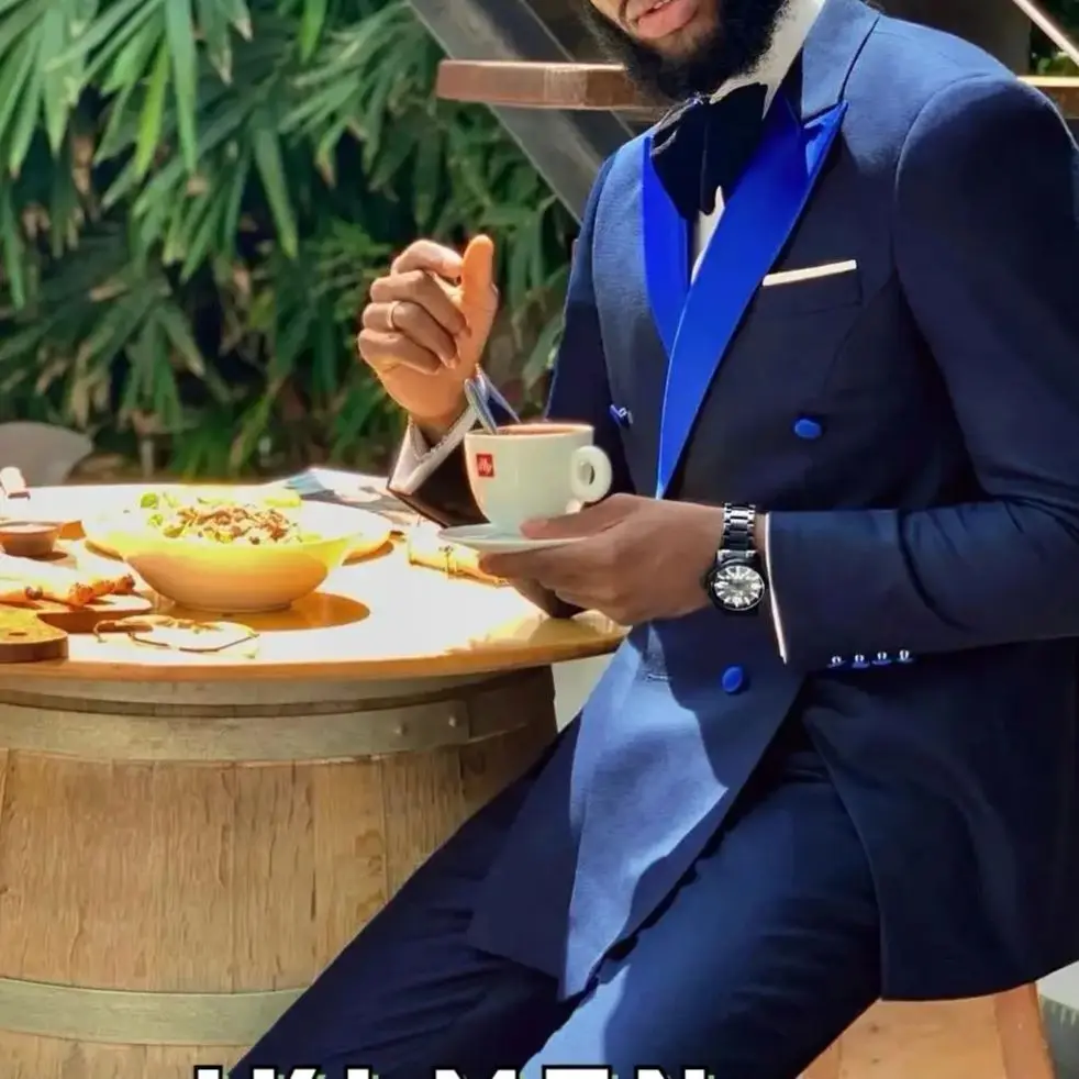 Navy Double Breasted Groomsmen Wedding Tuxedos Slim Fit Mens Suits 2 Pieces Sets Blazers Peaked Lapel Formal   2PCS