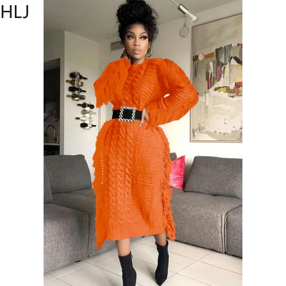 

HLJ Autumn Winter Knitting Tassel Design Mid Dresses Women Round Neck Long Sleeve Slim Vestidos Fashion Solid Color Streetwear