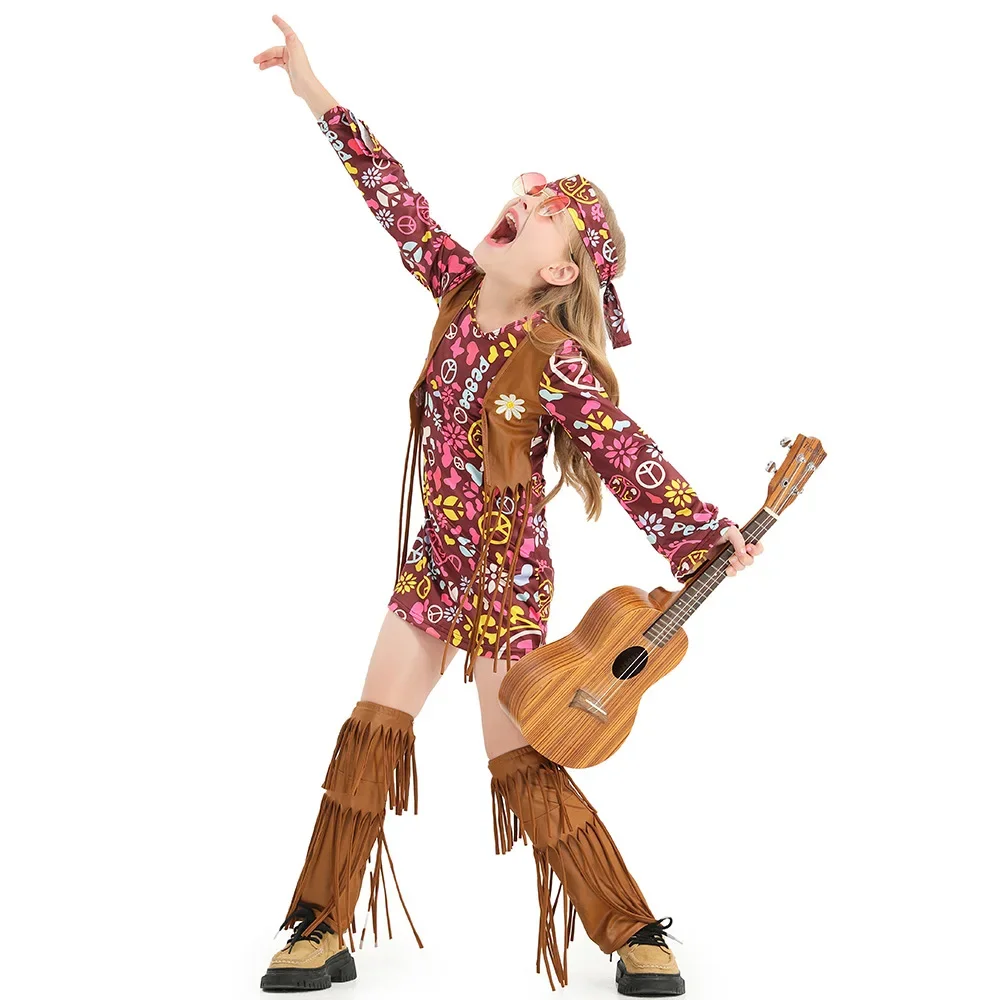 Cosplay Indian Tassels Costumes Set Women's Peace Love Hippie Christmas 1960s Stage Performance Halloween Dress Up Outfits Party