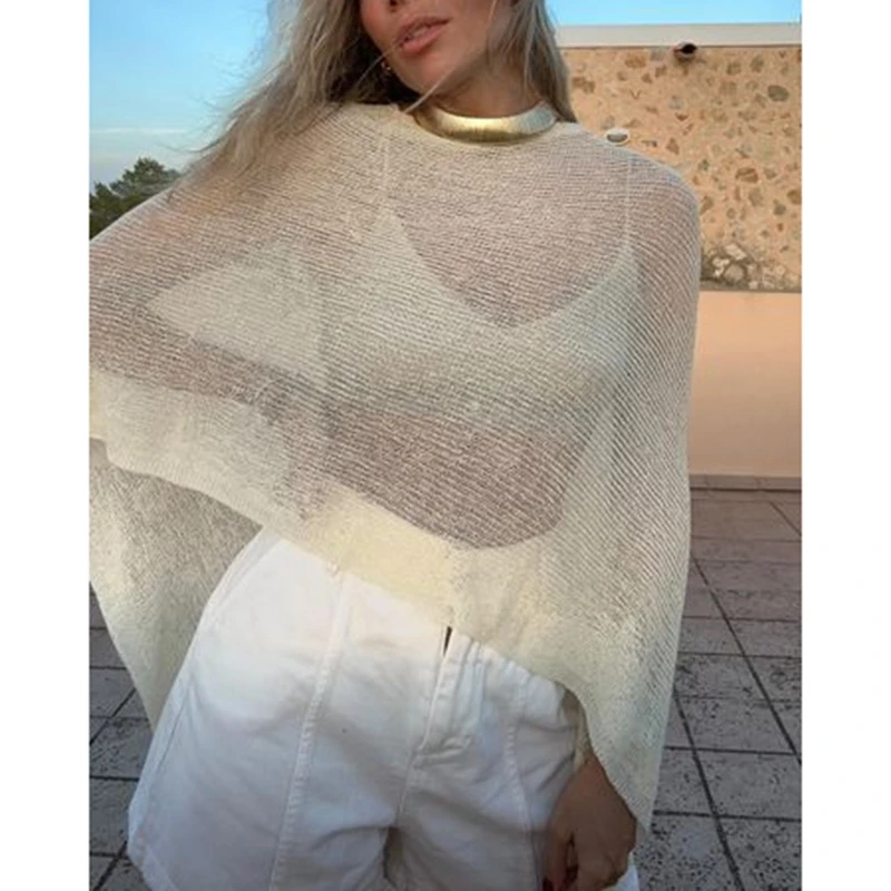 Women Knitwear Bikini Cover-ups Sheer See-through Solid Y2k Off Shoulder Irregular Triangle Hem Loose Pullover Summer Beach Tops 4