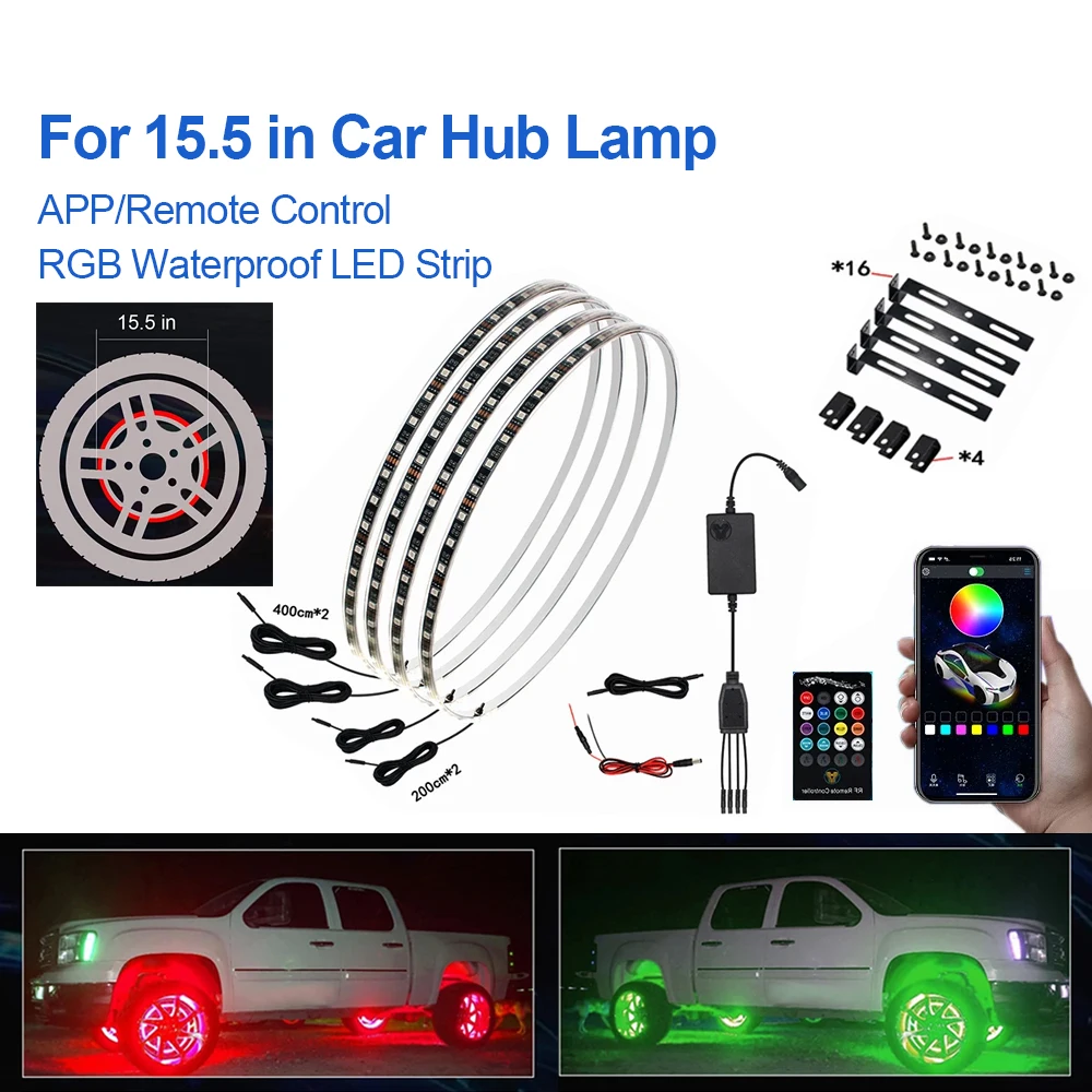 4PCS Car Hub Lamp RGB Kit Waterproof LED Strip Light APP/Remote