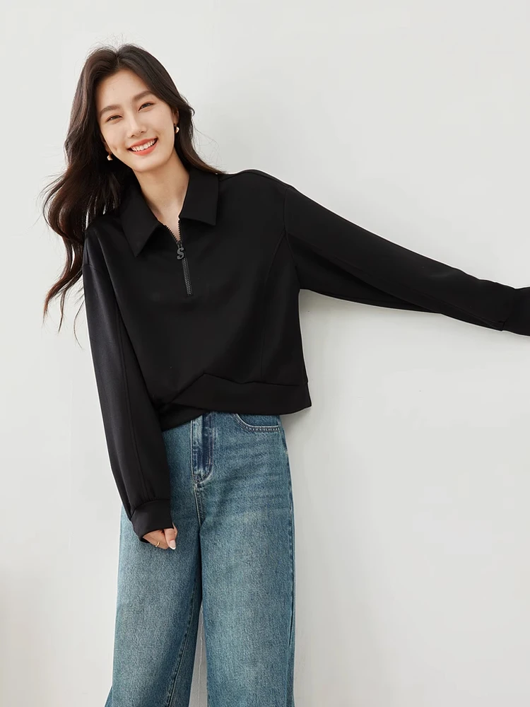 Vimly Black Crop Sweatshirt Women 2024 Spring New Casual Fashion Half Zipper Lapel Pullover Female Long Sleeve Top Woman M5795