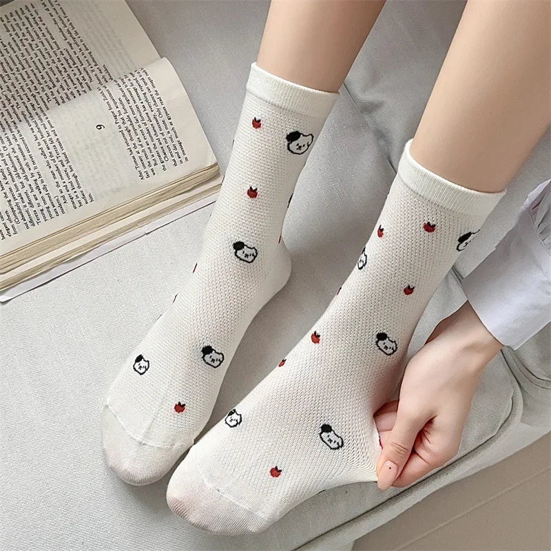 4 Pairs Socks For Women Mesh Spring Summer Breathable Girls Cartoon Socks Set Dogs Cute Simple White Crew Socks Comfortable Thin