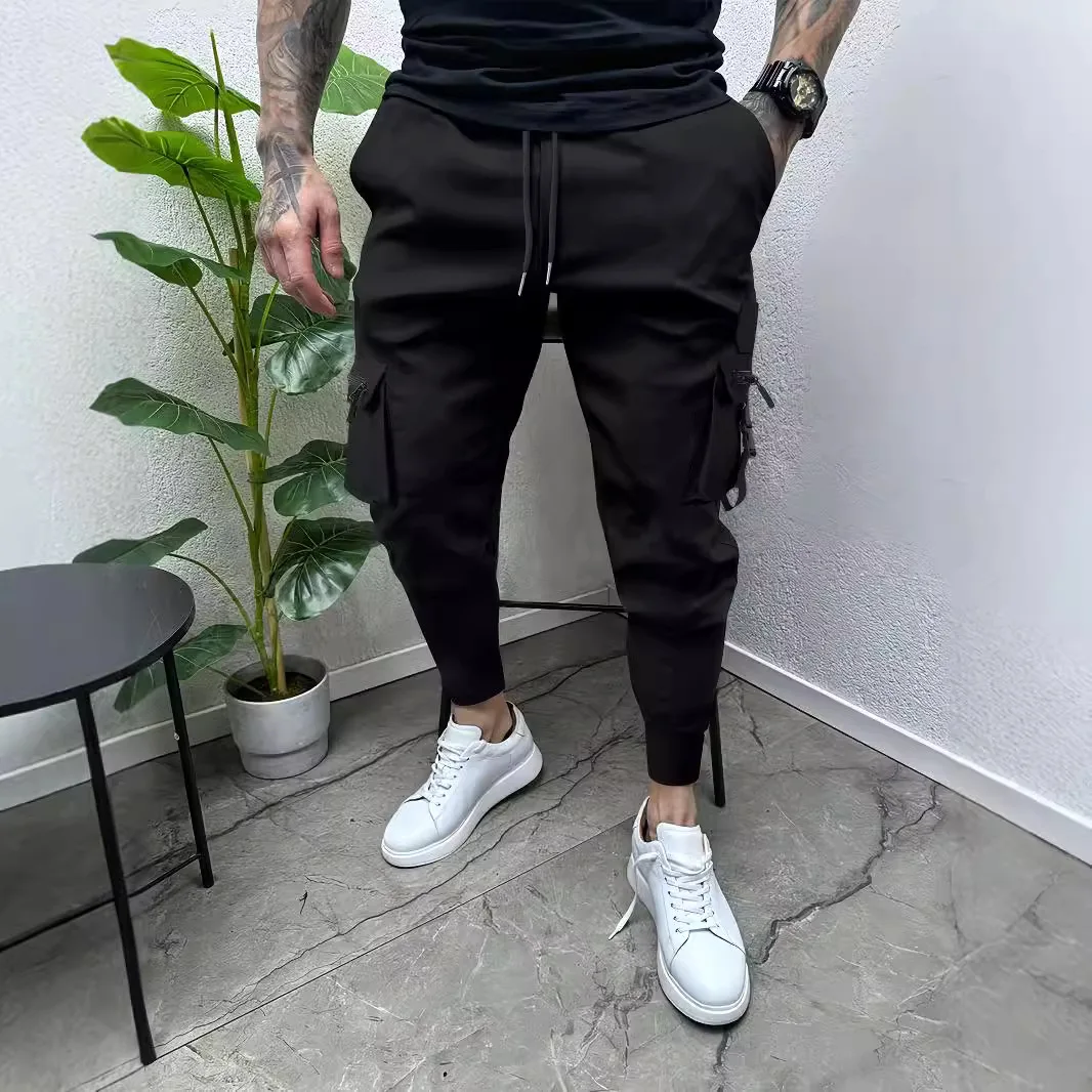 New men's zipper pocket drawstring cargo small foot pants fashion leisure outdoor sports spring and autumn pencil pants 2