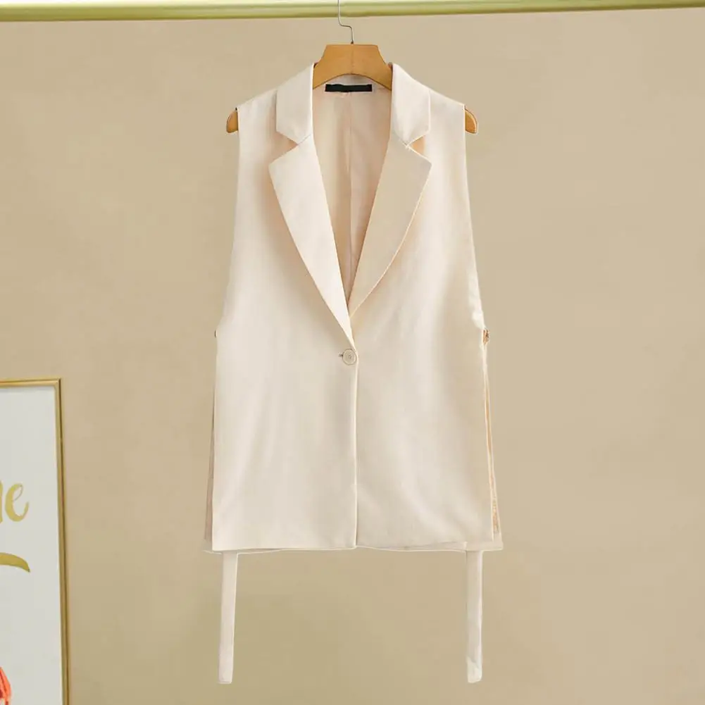 

Women Vest Coat Turn-down Collar Sleeveless Loose Solid Color Single Button Cardigan Strap Decor Mid Length Commute Formal Suit