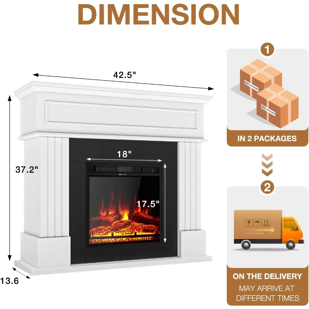 Electric Fireplace with Mantel,Fireplace TV Stand with 18’’ Electric Heater, 3D Realistic Flame,Freestanding ，42''W，White 2