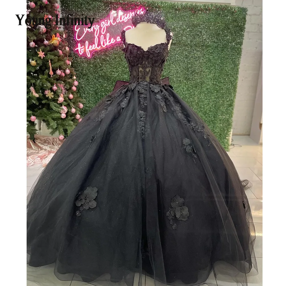 

Новое черное платье для Quinceanera 2024 милое платье с бантом на день рождения 15 16, кружевное платье с аппликацией, платья для принцессы XV Miss, конкурс