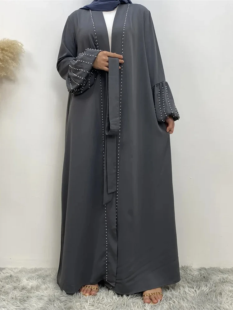 

Eid Abaya для женщин мусульманское платье с бисером рукавами-фонариками Дубай Рамадан кардиган жемчужины Abayas Jalabiya пояс кафтан халат арабский 2024