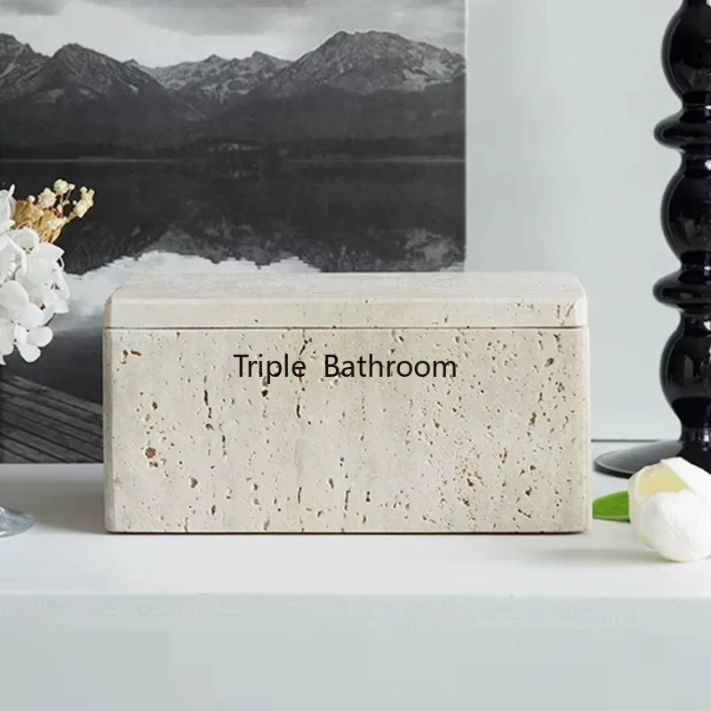 Natural Cave Stone Bathroom Cotton Swab Storage Box Retro Travertine Jewelry Perfume Storage Container Home Accessories 5